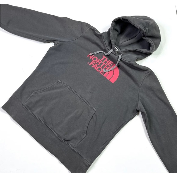 The North Face Hoodie Womens Medium Gray Sweatshirt Pullover Pink Logo Pocket - Picture 2 of 7